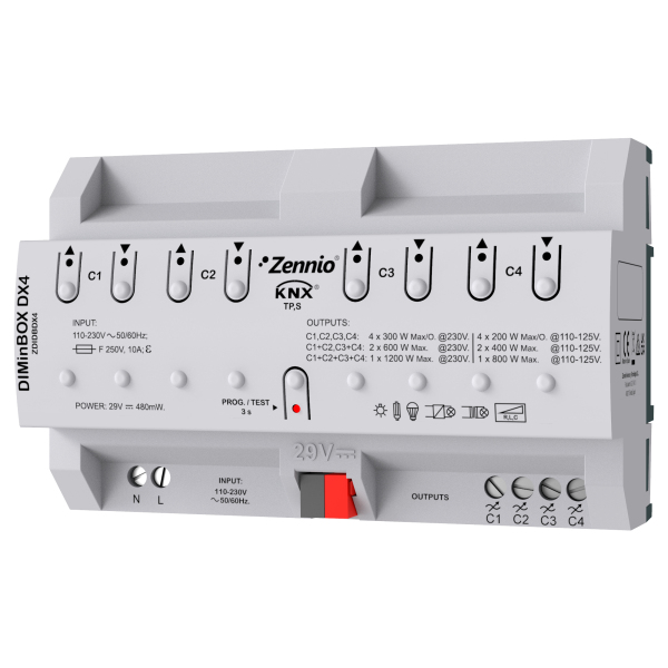 Димер универсален с ръчно управление DIMinBOX DX4 4х300W (2x600W; 1X1200W) 8DIN KNX Zennio
