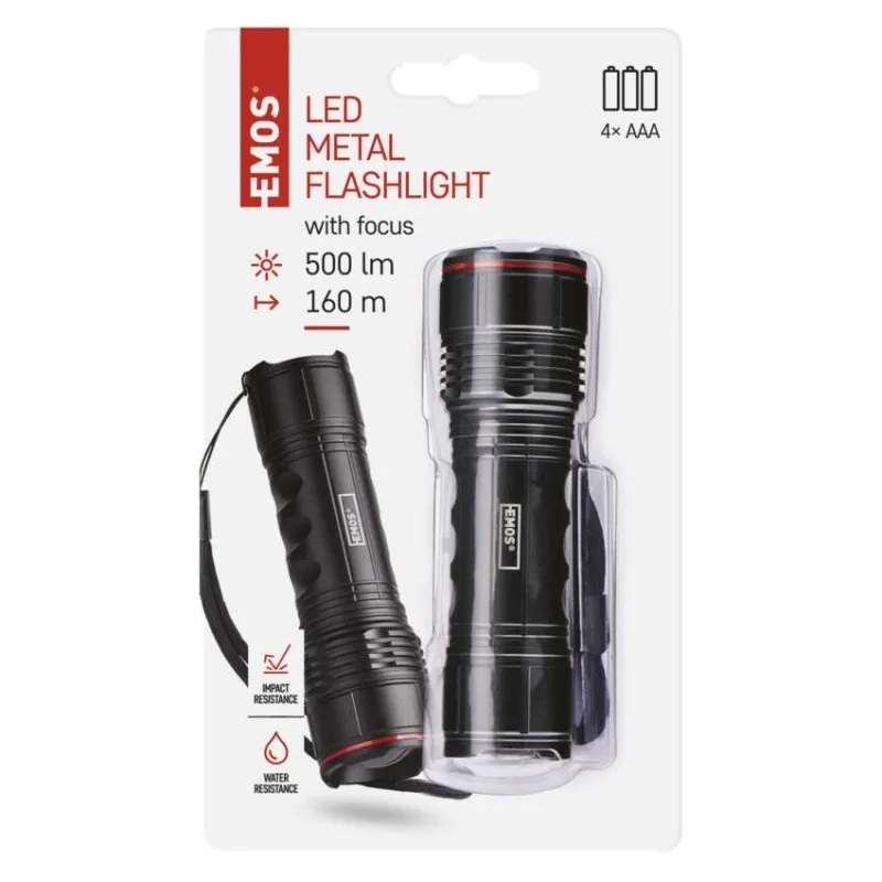 Фенерче LED 500lm 160м 6ч батерии 4× AAA алуминий IP44 EMOS