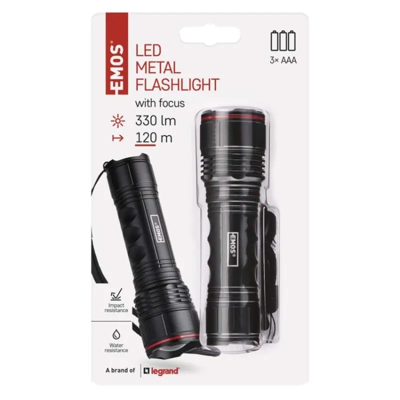 Фенерче LED 330lm 120м 10ч батерии 3× AAA алуминий IP44 EMOS