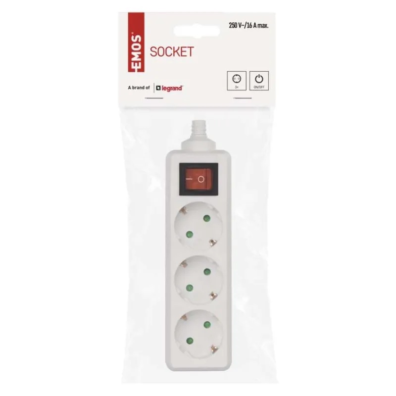 Разклонител с копче БЯЛ 3x2P+E без кабел EMOS