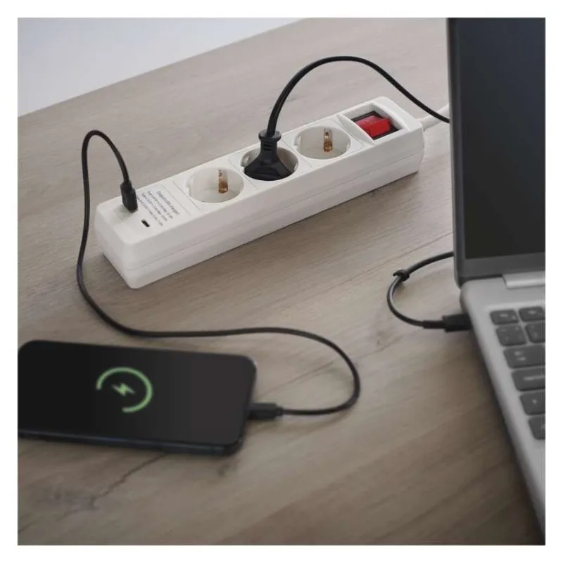 Разклонител с копче БЯЛ 3x2P+E и USB тип А+C 3.4A 17W с кабел 2 метра / 1.5mm2 EMOS