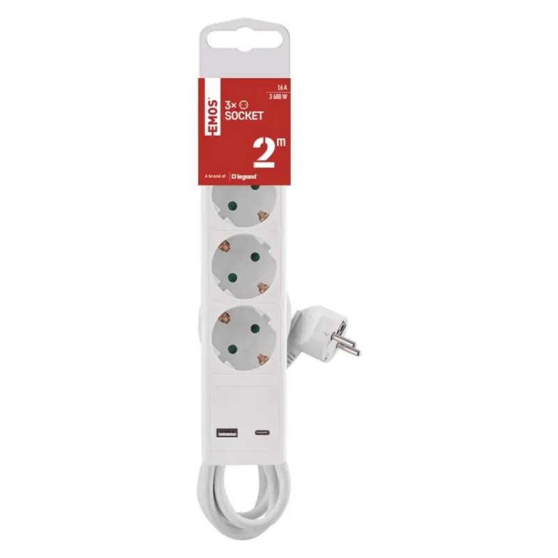 Разклонител с копче БЯЛ 3x2P+E и USB тип А+C 3.4A 17W с кабел 2 метра / 1.5mm2 EMOS