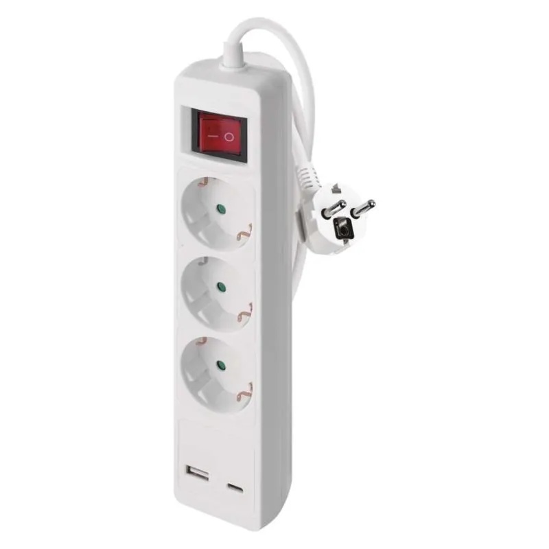 Разклонител с копче БЯЛ 3x2P+E и USB тип А+C 3.4A 17W с кабел 2 метра / 1.5mm2 EMOS
