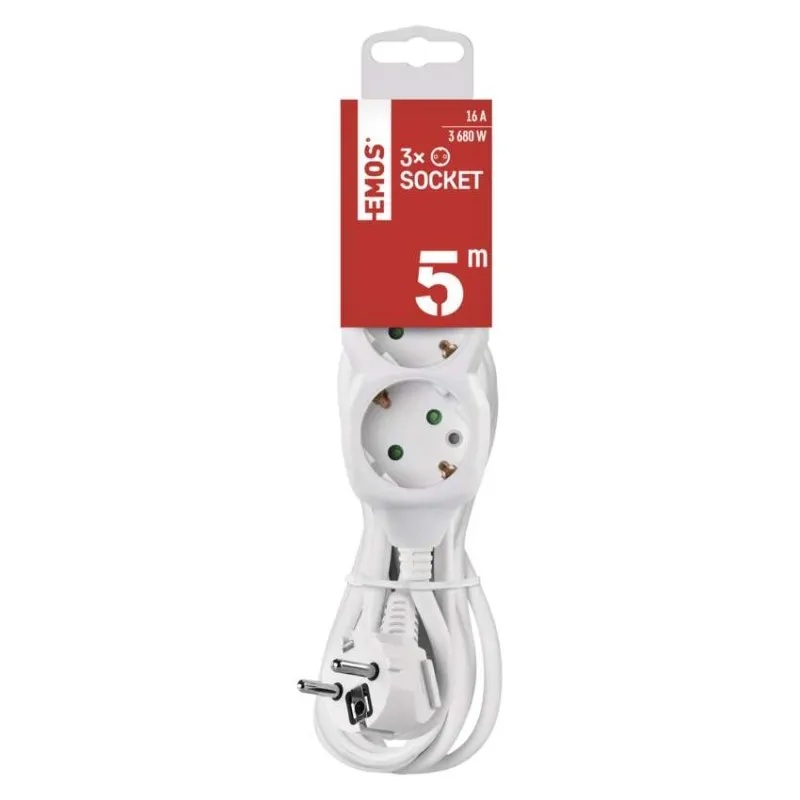 Разклонител БЯЛ 3x2P+E с кабел 5 метра / 1.5mm2 EMOS