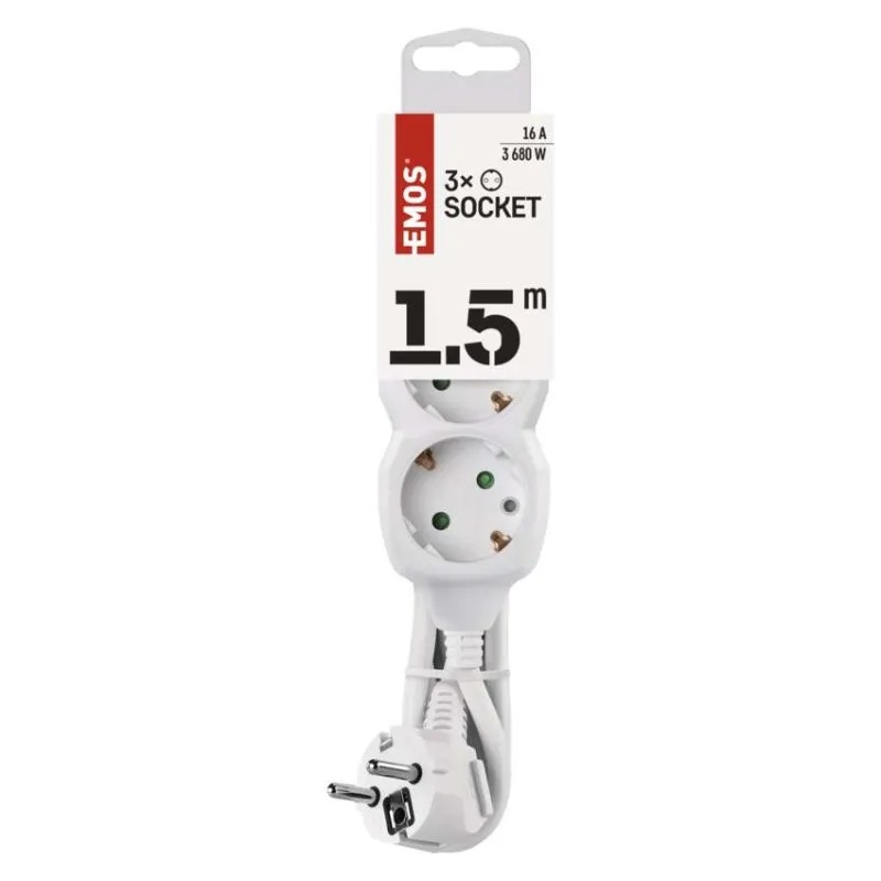 Разклонител БЯЛ 3x2P+E с кабел 1.5 метра / 1.0mm2 EMOS