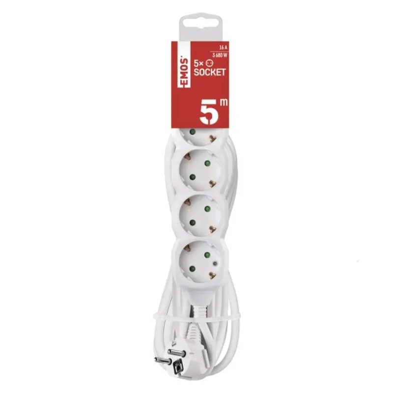 Разклонител БЯЛ 5x2P+E с кабел 5 метра / 1.5mm2 EMOS