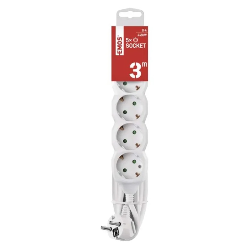 Разклонител БЯЛ 5x2P+E с кабел 3 метра / 1.5mm2 EMOS