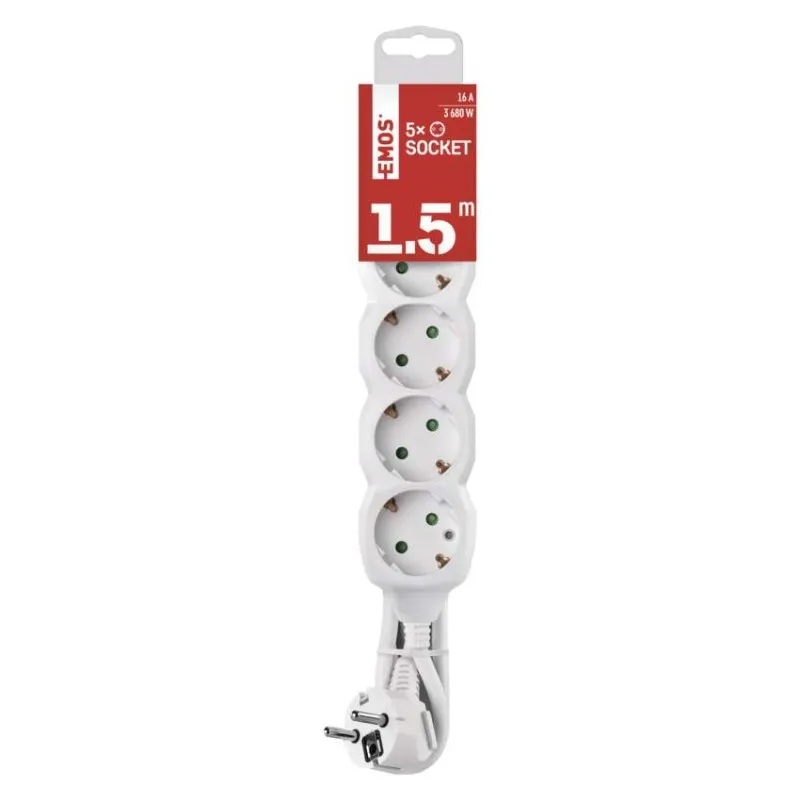 Разклонител БЯЛ 5x2P+E с кабел 1.5 метра / 1.5mm2 EMOS