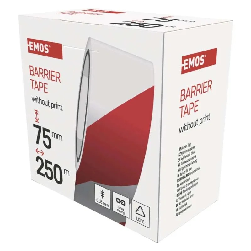 Сигнална лента цвят БЯЛ/ЧЕРВЕН 0.03мм х 75мм, дължина 250м LDPE BARRIER EMOS