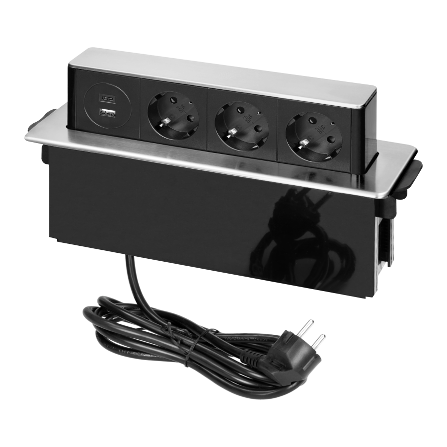 Мебелна кутия Pop-Up, с контакти 3х шуко, 2х USB тип A+C Power Delivery 20W, кабел 2m, 273x65x93mm, цвят ИНОКС, ORNO