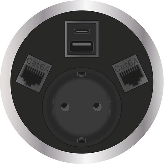 Модул Port El с 1х Шуко и USB тип A+C Power Delivery 65W и 2х RJ45 Cat.6A, цвят Черен, ABL