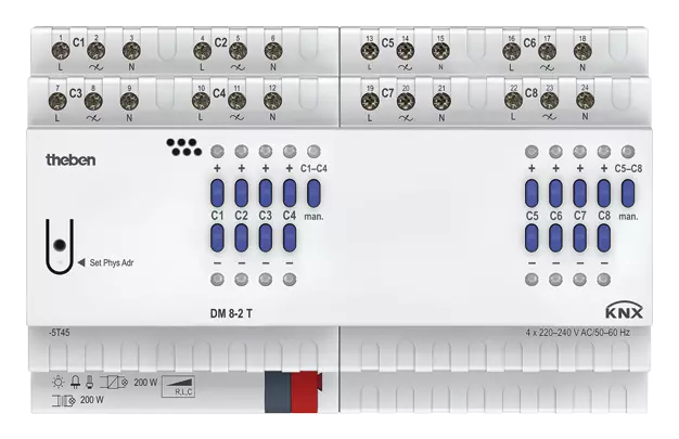 Димер универсален с ръчно управление DM8-2T 8х 200VA 8DIN KNX Theben