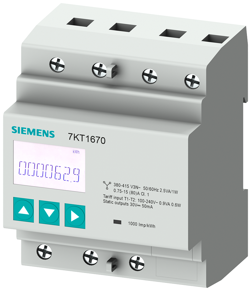 Трифазен мерител за ДИРЕКТНО мерене на ел. енергия 7KT PAC, Modbus, 2 тарифи, за DIN монтаж 2DIN, 80A, Siemens