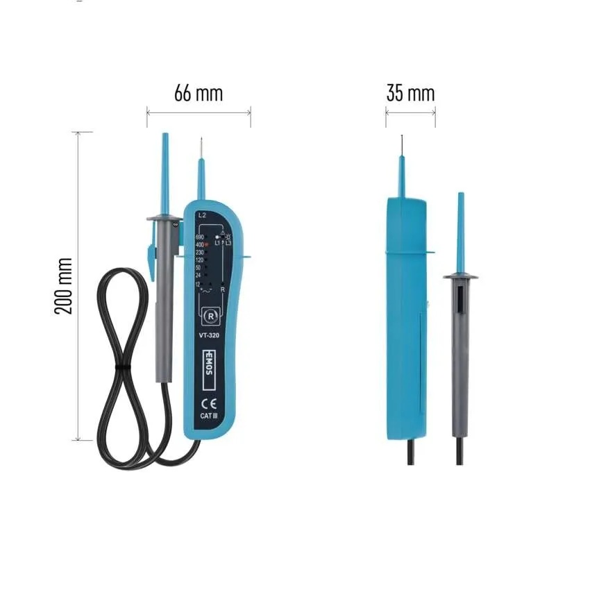 Детектор на напрежение със сонди CAT III 12…690Vac/dc, LED и звук, VT-320 EMOS
