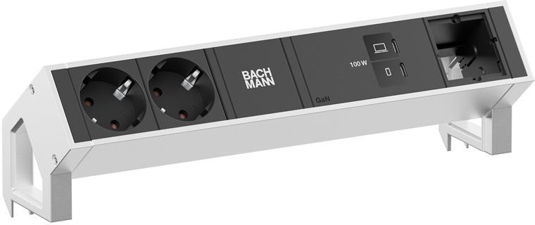 Модул DESK 2 с 2х Шуко и USB тип C Power Delivery 100W и 1х празен модул,, цвят Инокс Bachmann
