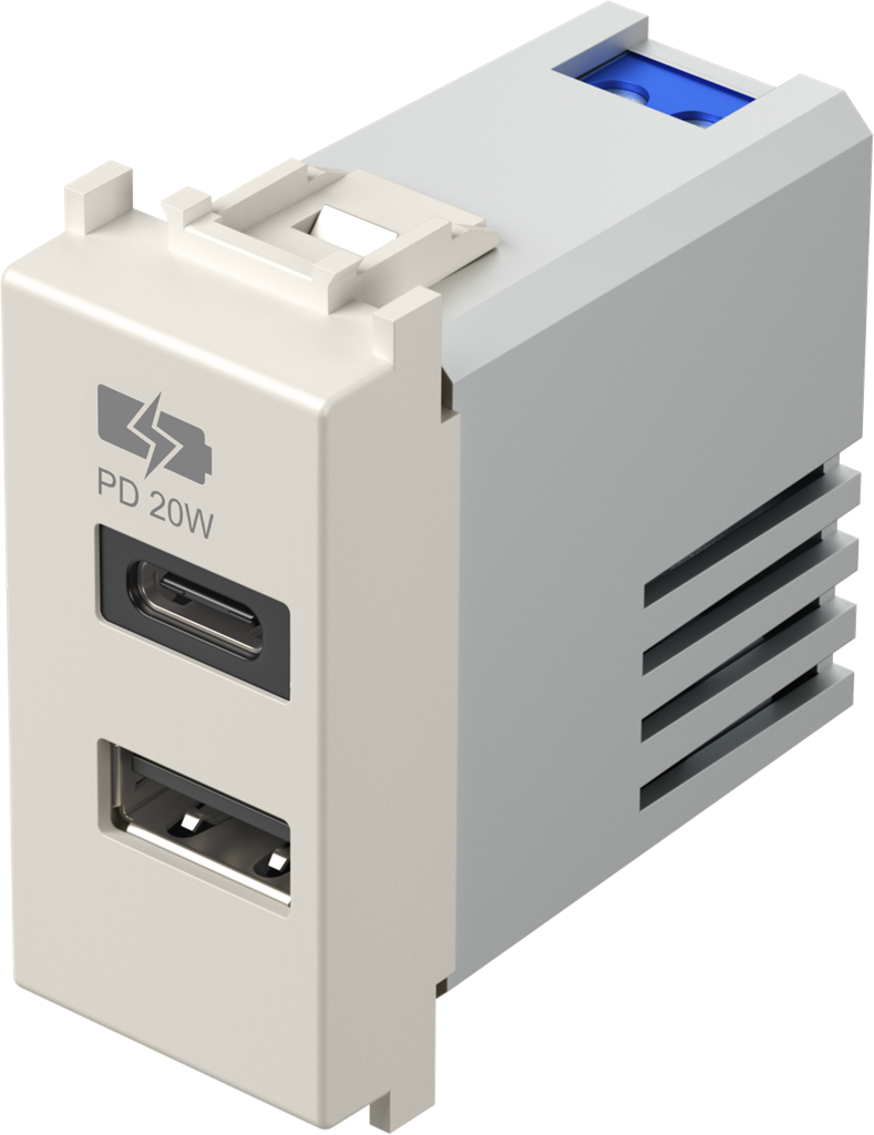 Розетка 2хUSB за зареждане тип A+C Power Delivery 20W 1 мод. цвят Крем мат Modul TEM