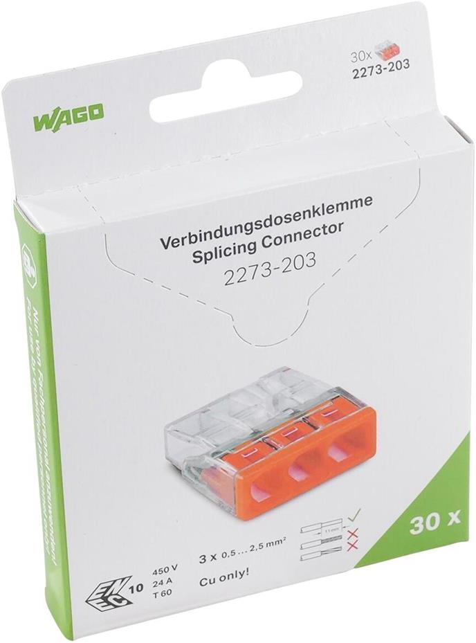 Бърза връзка 3х0,5-2,5 mm2 оранжева за твърд проводник (блистер 30 бр.) Wago