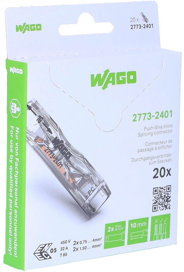 Бърза връзка Inline 2х0,75-4 mm2 прозрачна за твърд проводник (блистер 20 бр.) Wago 