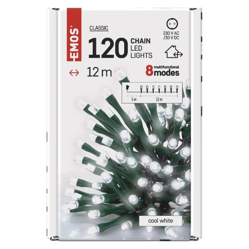 Комплект коледни лампички 120x LED студена светлина 12м IP44 с 8 програми CLASSIC EMOS /до изчерпване/