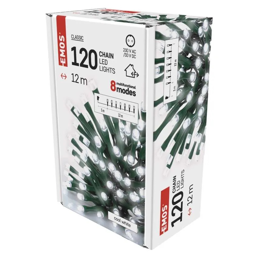 Комплект коледни лампички 120x LED студена светлина 12м IP44 с 8 програми CLASSIC EMOS /до изчерпване/