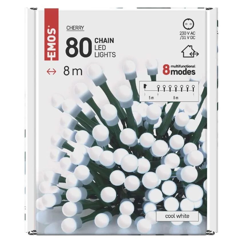 Комплект коледни лампички 80x LED студена светлина 8м IP44 с 8 програми CHERRY EMOS /до изчерпване/