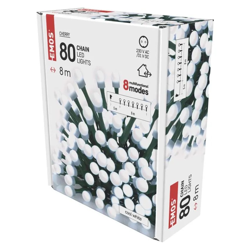 Комплект коледни лампички 80x LED студена светлина 8м IP44 с 8 програми CHERRY EMOS /до изчерпване/