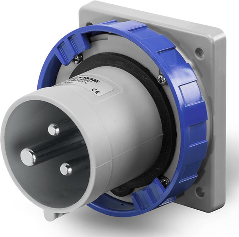 Промишлен щепсел 2P+Е 63A 200-250V IP66/67, 6h серия Optima панелен монтаж 100x110мм Scame