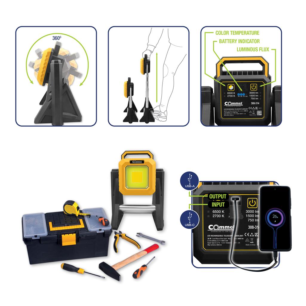 Работна лампа 30W 3000lm 4000-6500K IP44 с телескопична стойка и вградена батерия 9000mAh Commel