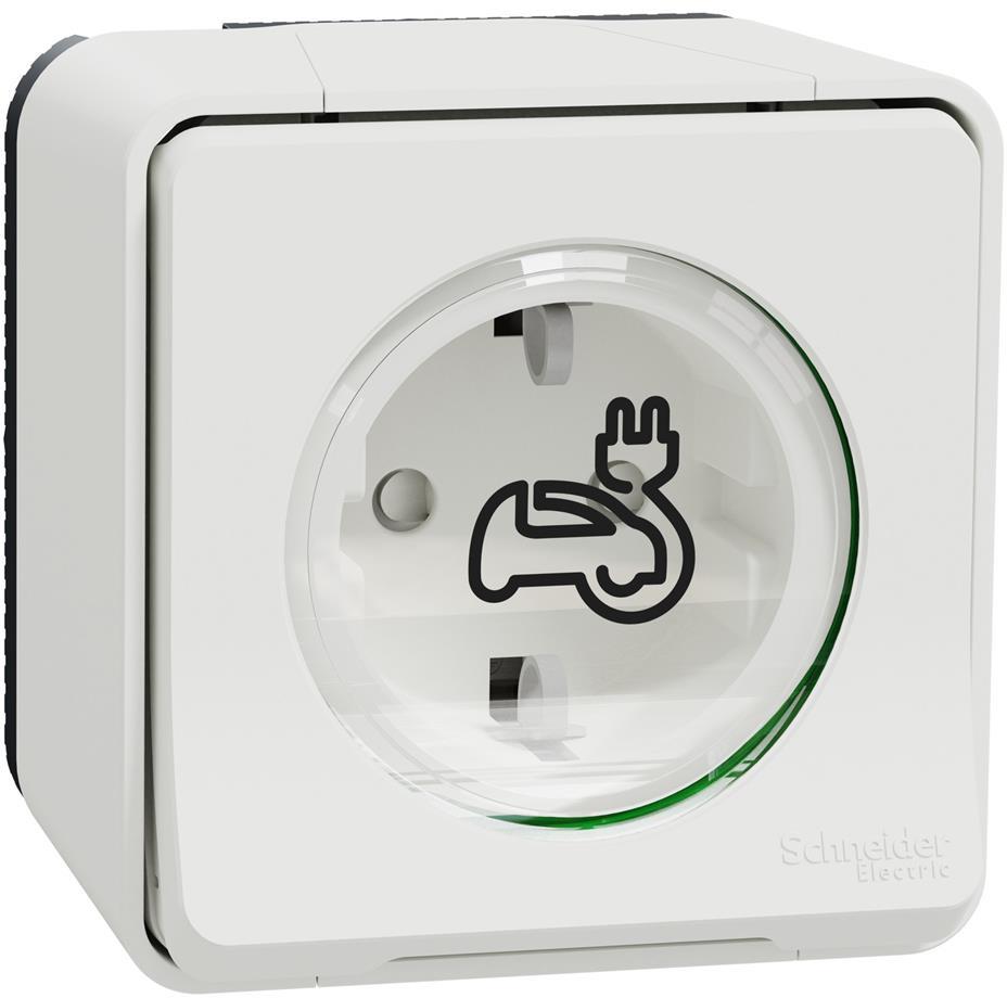 Контакт шуко 16А за зареждане на електромобили моноблок за открит монтаж цвят Бял IP55 Mureva SE