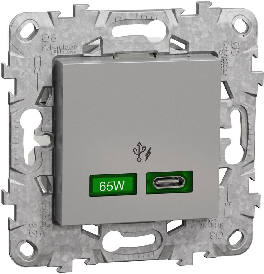 Розетка USB за зареждане тип C Power Delivery 65W с носеща рамка 2 мод. цвят Алуминий Unica SE