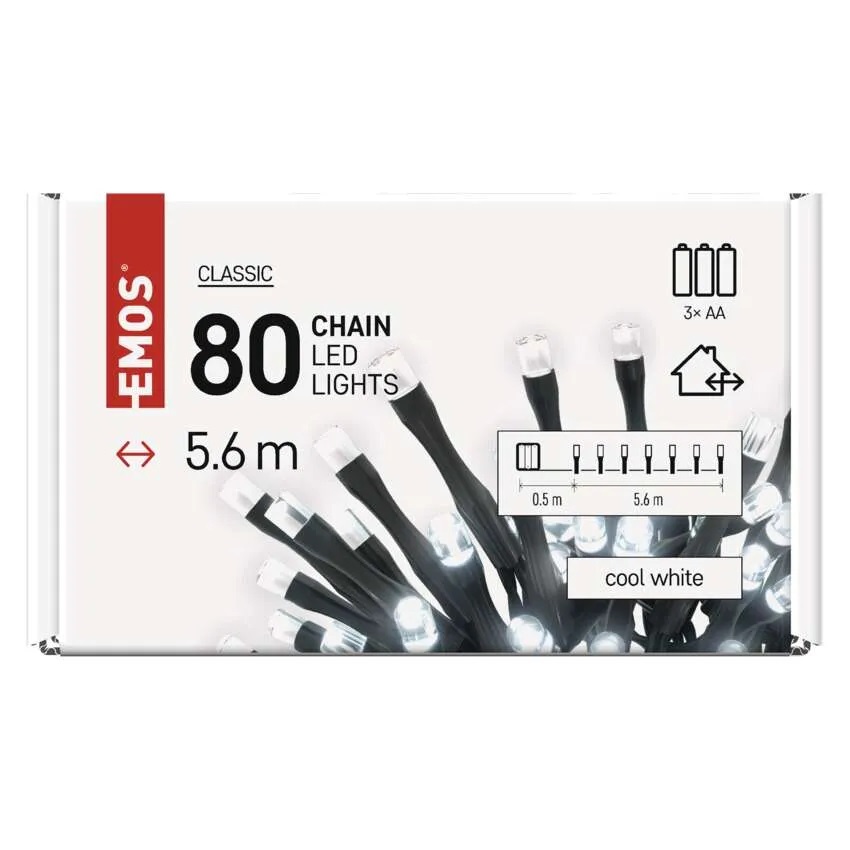 Комплект коледни лампички 80x LED студена светлина 5.6м IP44 с батерии CLASSIC EMOS