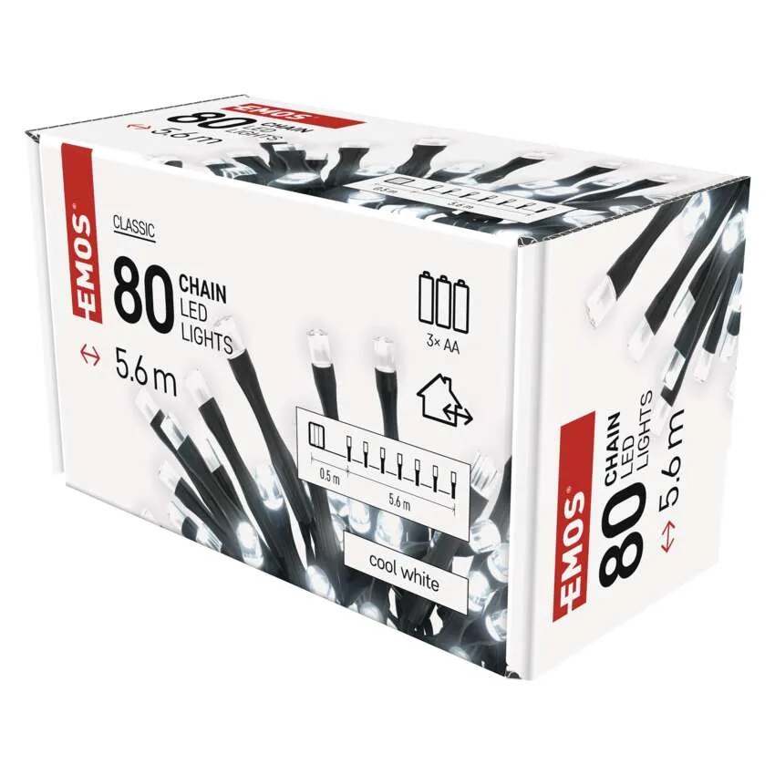 Комплект коледни лампички 80x LED студена светлина 5.6м IP44 с батерии CLASSIC EMOS