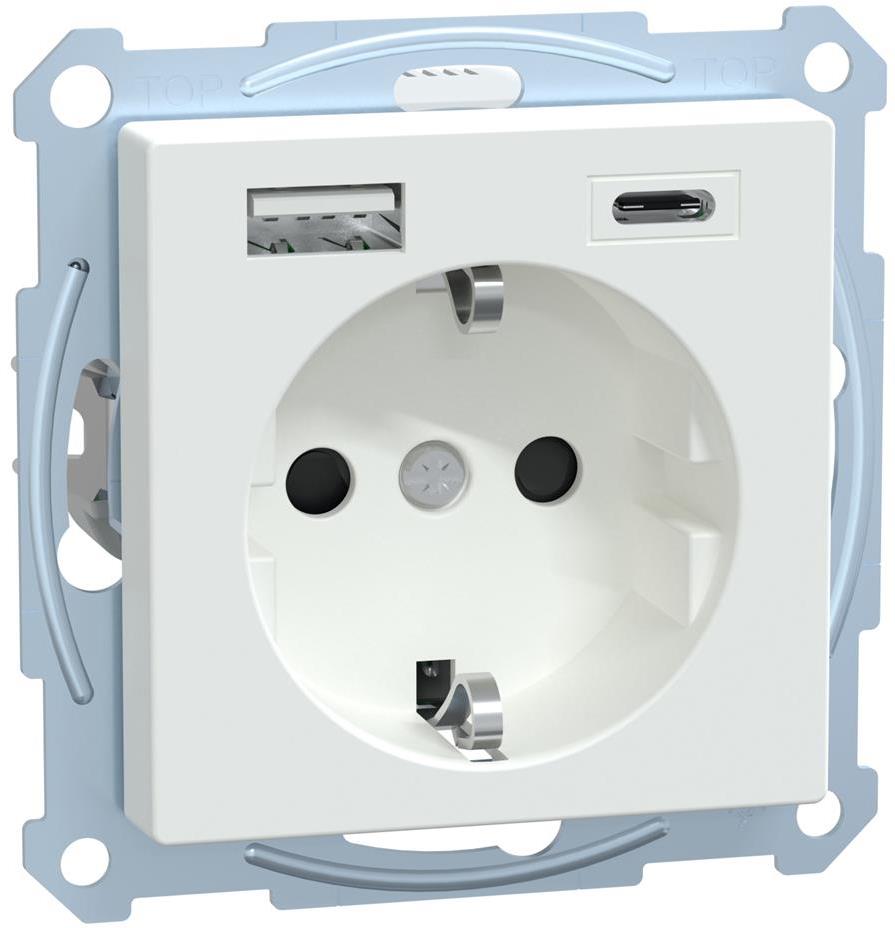 Механизъм контакт шуко 16A + USB A+C 3A 15W с лицев панел цвят Активно бял System M Merten SE