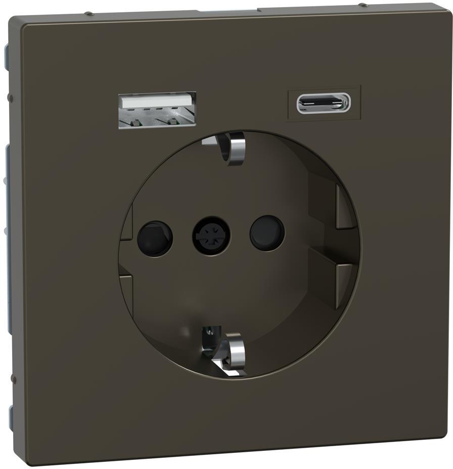 Механизъм контакт шуко 16A + USB A+C 3A 15W с лицев панел цвят Мока System Design Merten SE