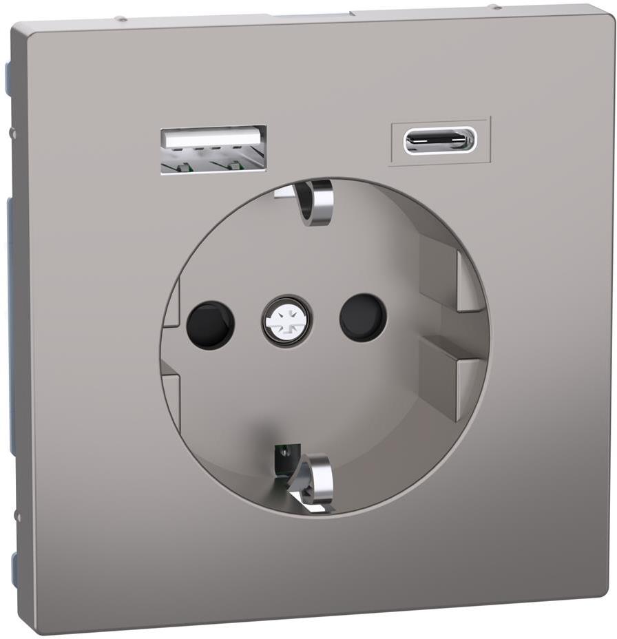 Механизъм контакт шуко 16A + USB A+C 3A 15W с лицев панел цвят Никел System Design Merten SE