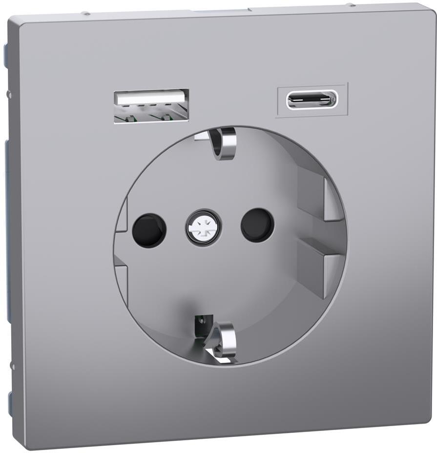 Механизъм контакт шуко 16A + USB A+C 3A 15W с лицев панел цвят Неръждаема стомана System Design Merten SE