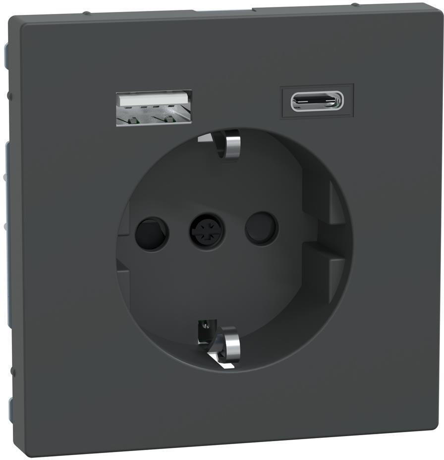 Механизъм контакт шуко 16A + USB A+C 3A 15W с лицев панел цвят Антрацит System Design Merten SE