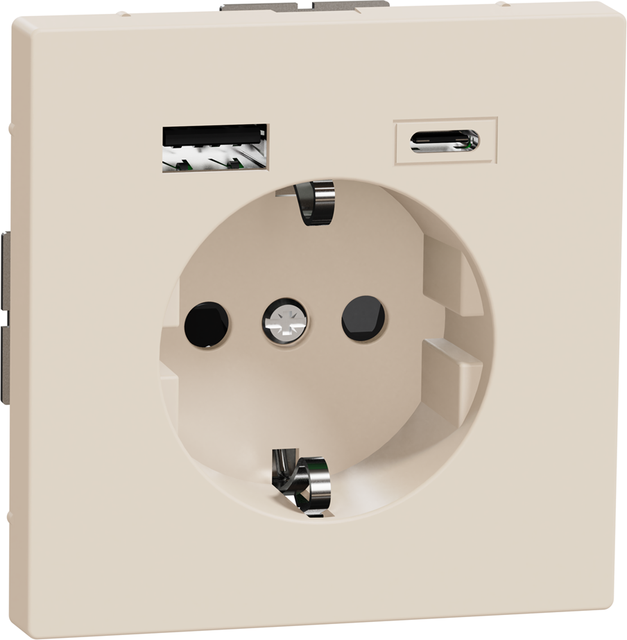 Механизъм контакт шуко 16A + USB A+C 3A 15W с лицев панел цвят Сахара System Design Merten SE