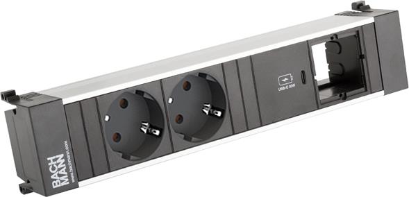 Модул за POWER FRAME 4M с 2х Шуко, USB тип C Power Delivery 30W и 1х празен модул, цвят Черен, Bachmann