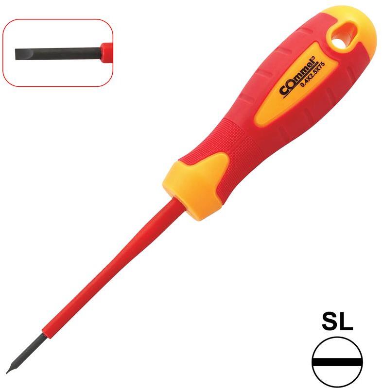Отвертка шлиц 0.4x2.5x75, VDE 1000V жълто-червена ръкохватка, Commel