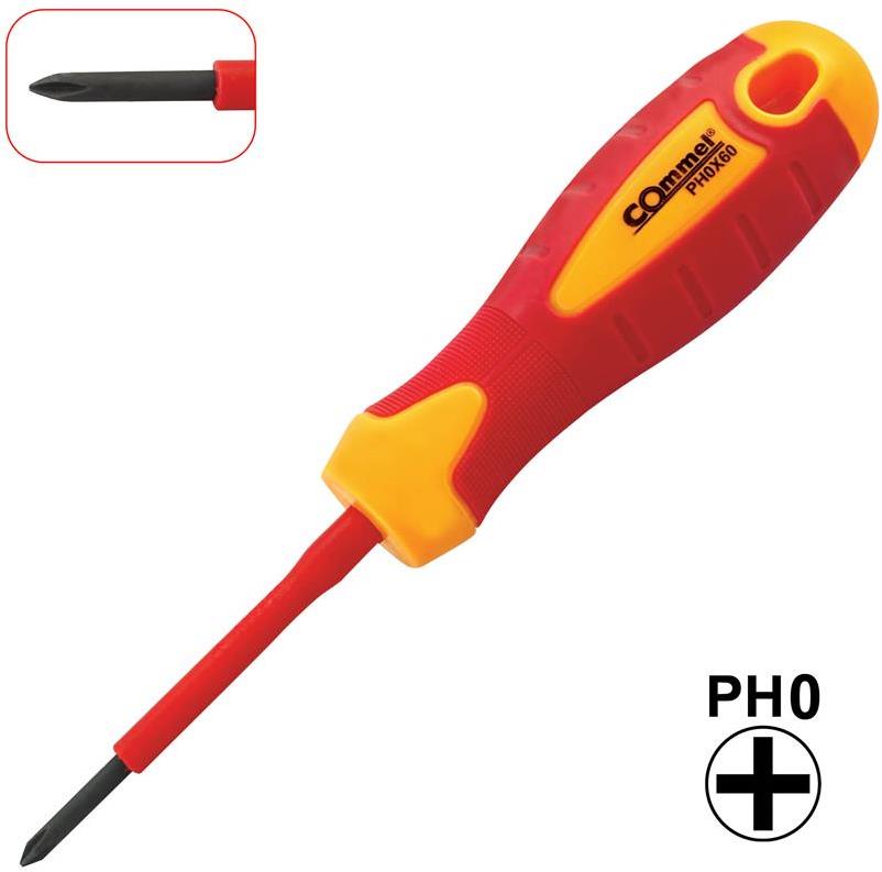 Отвертка PH0 3x60, VDE 1000V жълто-червена ръкохватка, Commel