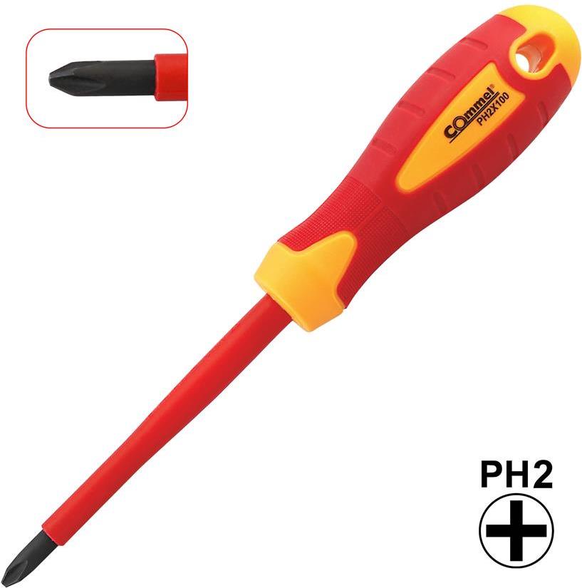 Отвертка PH2 6x100, VDE 1000V жълто-червена ръкохватка, Commel