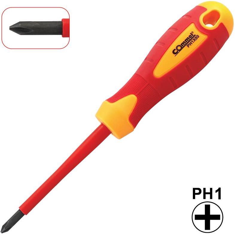 Отвертка PH1 5x80, VDE 1000V жълто-червена ръкохватка, Commel