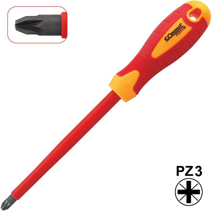 Отвертка PZ3 8x150, VDE 1000V жълто-червена ръкохватка, Commel