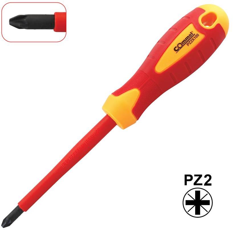Отвертка PZ2 6x100, VDE 1000V жълто-червена ръкохватка, Commel