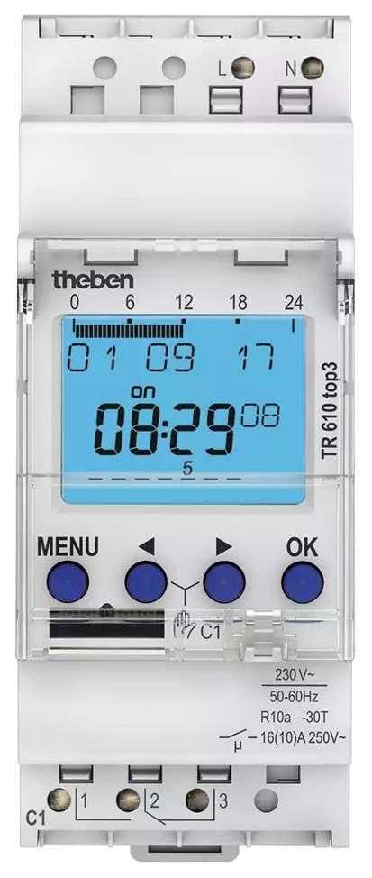 Таймер седмичен, цифров с LCD, 1 минута минимален интервал, резерв 10 години, 1c/o 16A, 230Vac, 2DIN, TR 610 top3 Theben спрян