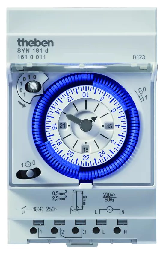 Таймер дневен, аналогов, 15 минути минимален интервал, без резерв, 1c/o 16A, 230Vac, 3DIN, SYN 161 d Theben