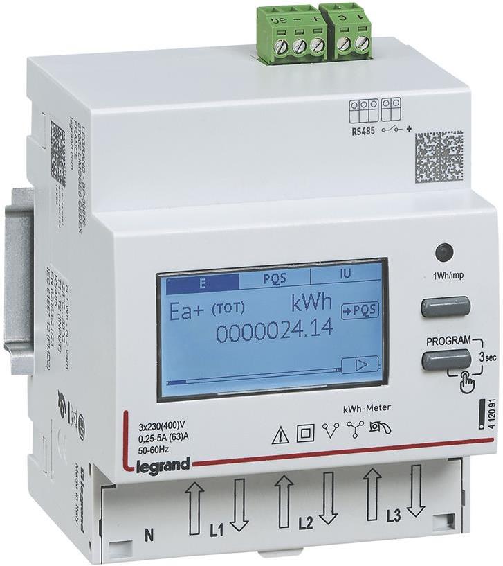 Трифазен мерител за ДИРЕКТНО мерене на ел. енергия EMDX3, Modbus, 2 тарифи, за DIN монтаж 4 мод, 63A, Legrand