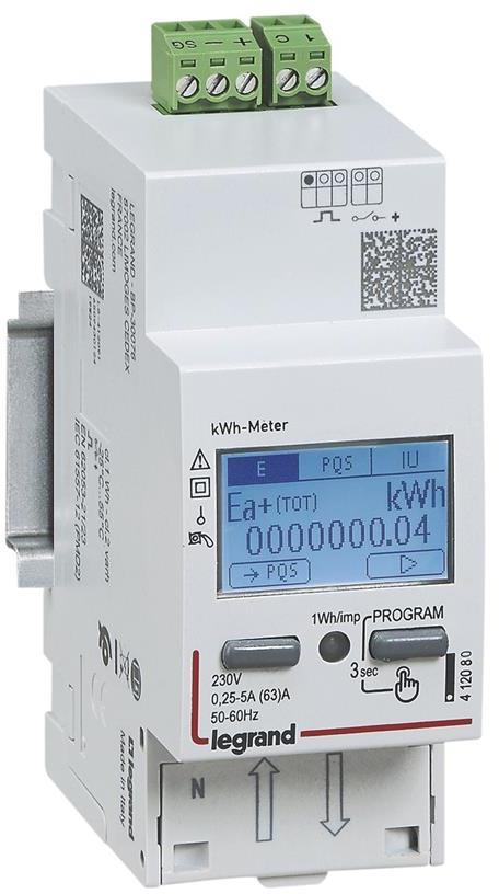 Монофазен мерител за ДИРЕКТНО мерене на ел. енергия EMDX3, импулсен изход, за DIN монтаж 2 мод, 63A, Legrand
