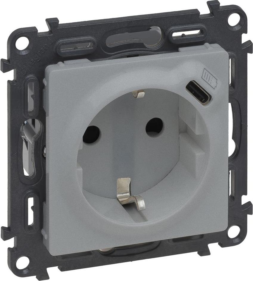 Контакт ШУКО 2P+E 16A + USB тип C 1.5A 7.5W цвят Алуминий Valena Life Legrand